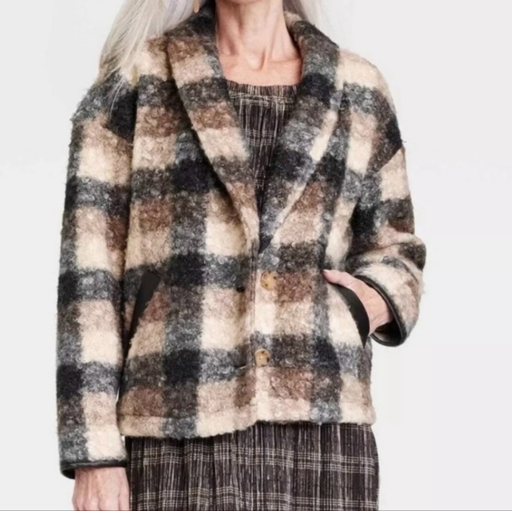 Knox Rose Jacket L Faux Fur Plaid Black Tan